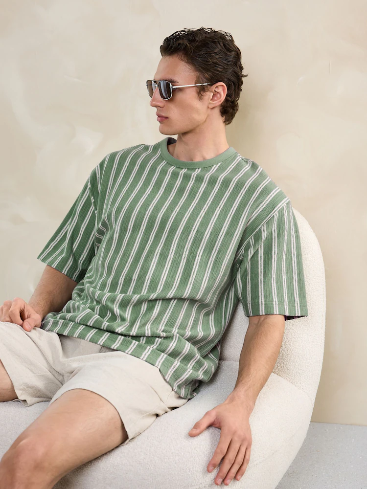 Men's T-Shirt Green and Cream Vertical Stripe — gallery image